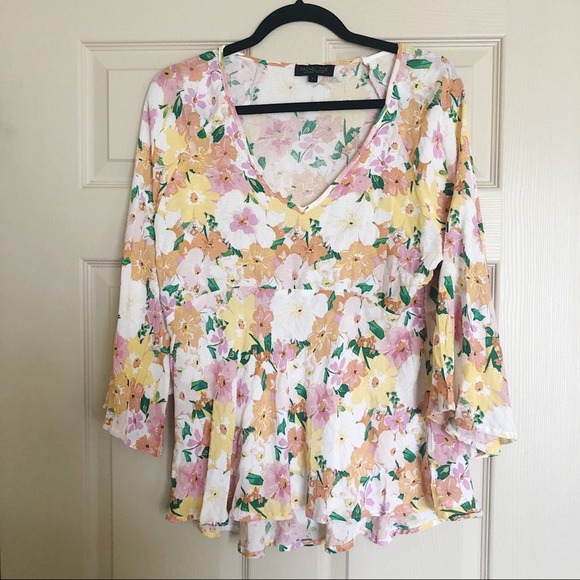 Rachel Zoe Floral Bell Sleeve Babydoll Blouse Flowy Flowers Size Large L - Picture 2 of 8